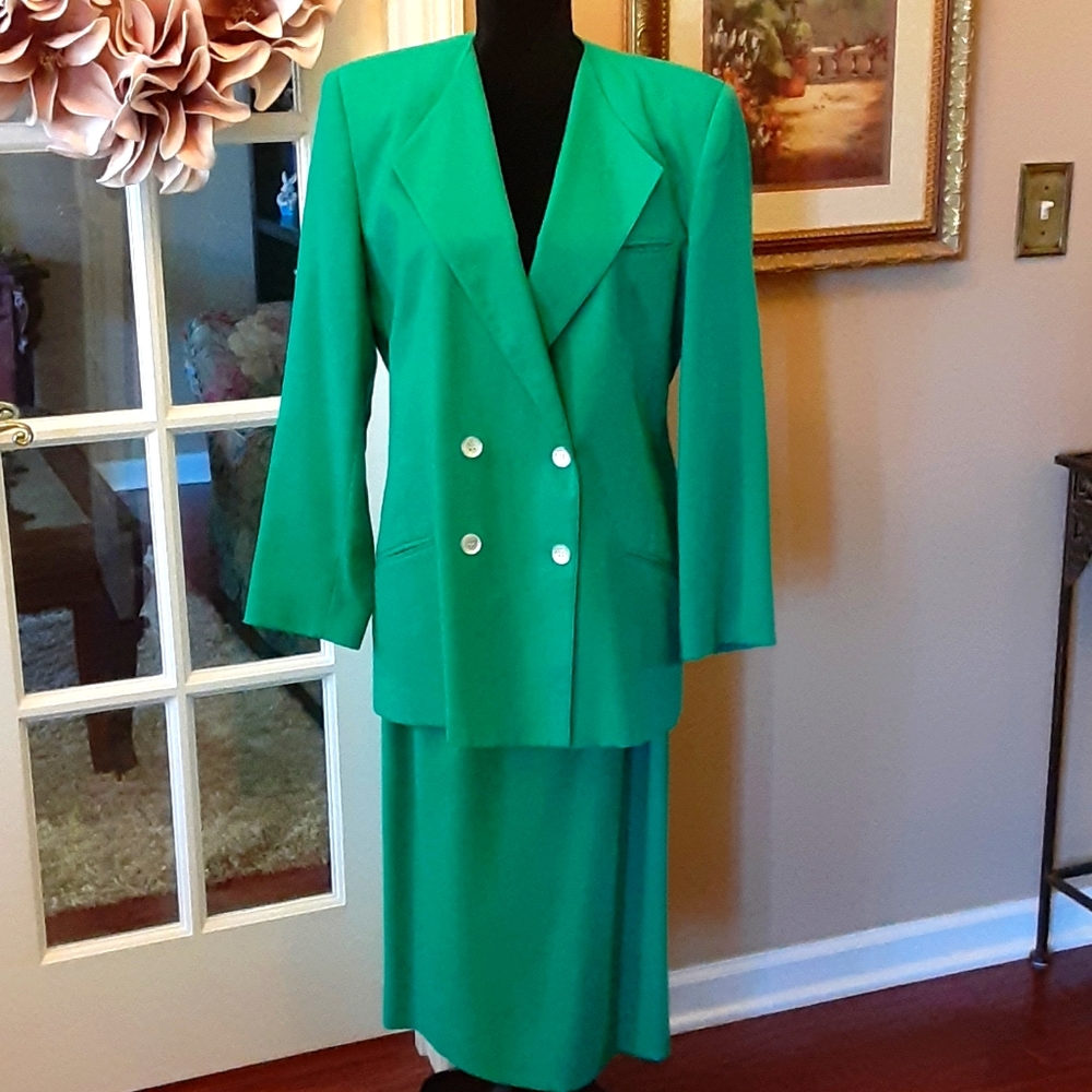 Oleg Cassini jade green double breasted suit pencil skirt lined size 14 …EUC